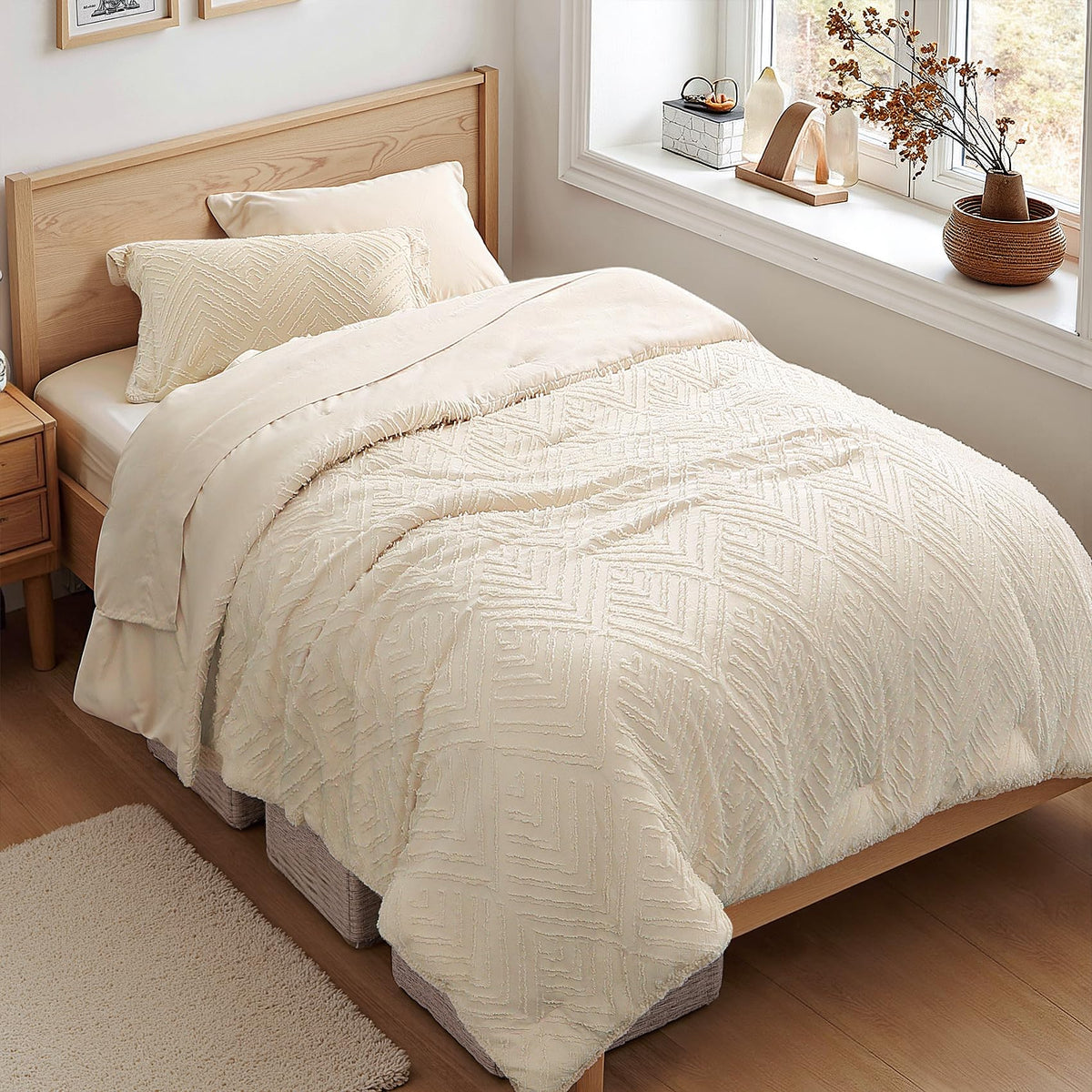 Zzlpp Queen Comforter Set 7 Piece, Beige Bed in a Bag Queen Bedding Sets