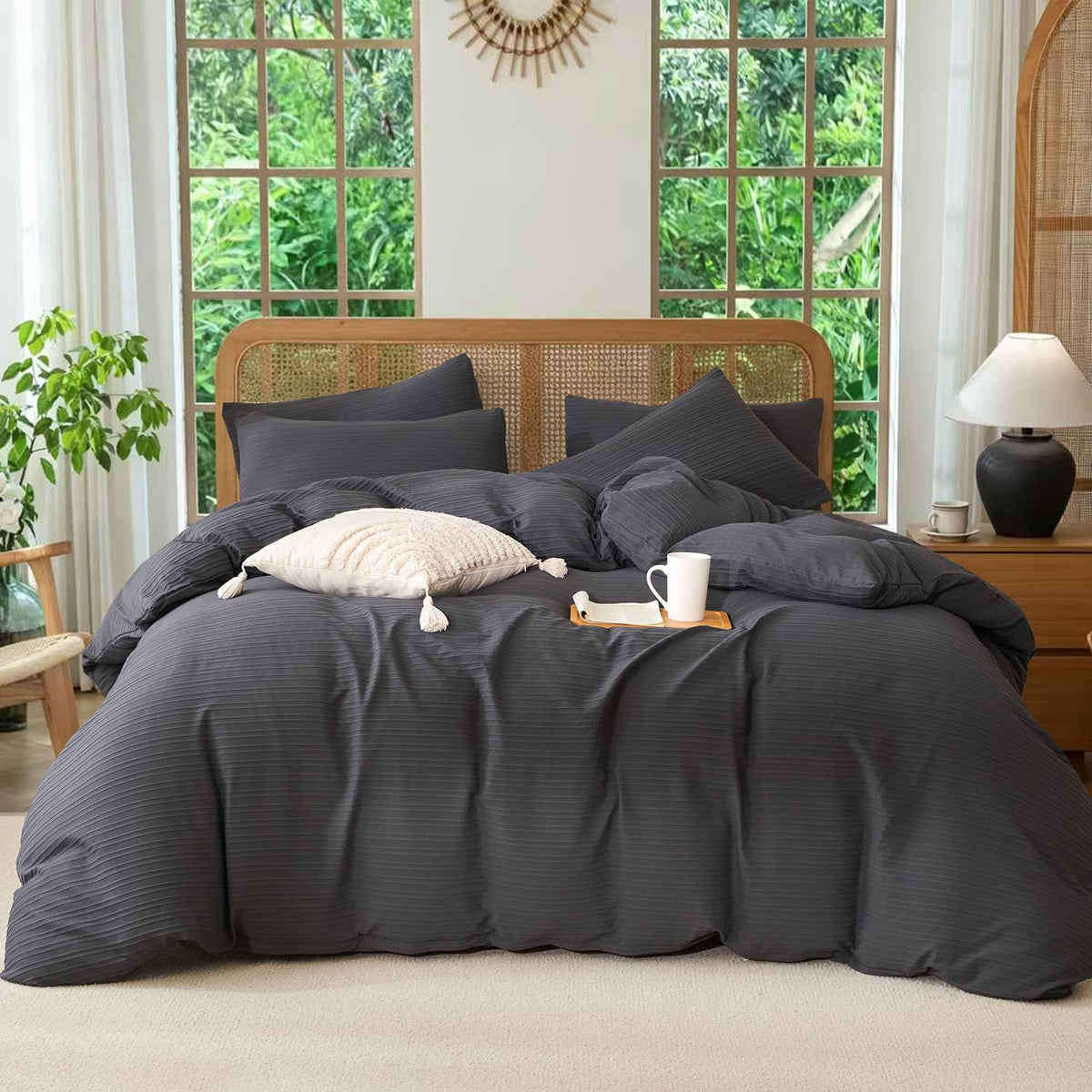 Black Grid Comforter Set Queen Soft Luxury Washed Microfiber 3 Pieces Bedding Set, White Grey Grid Pattern Comforter with 2 Pillowcases Breathable Durable Comfy