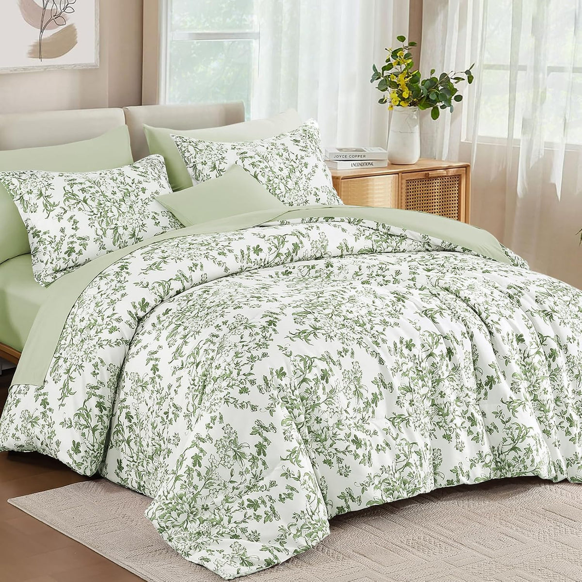 WONGS BEDDING 8 Pieces King Size Comforter Set Green,Sage Green Floral Bed in a Bag Comforter Sets, Soft Reversible Botanical Flowers Bedding Sets for All Season (90"x104")