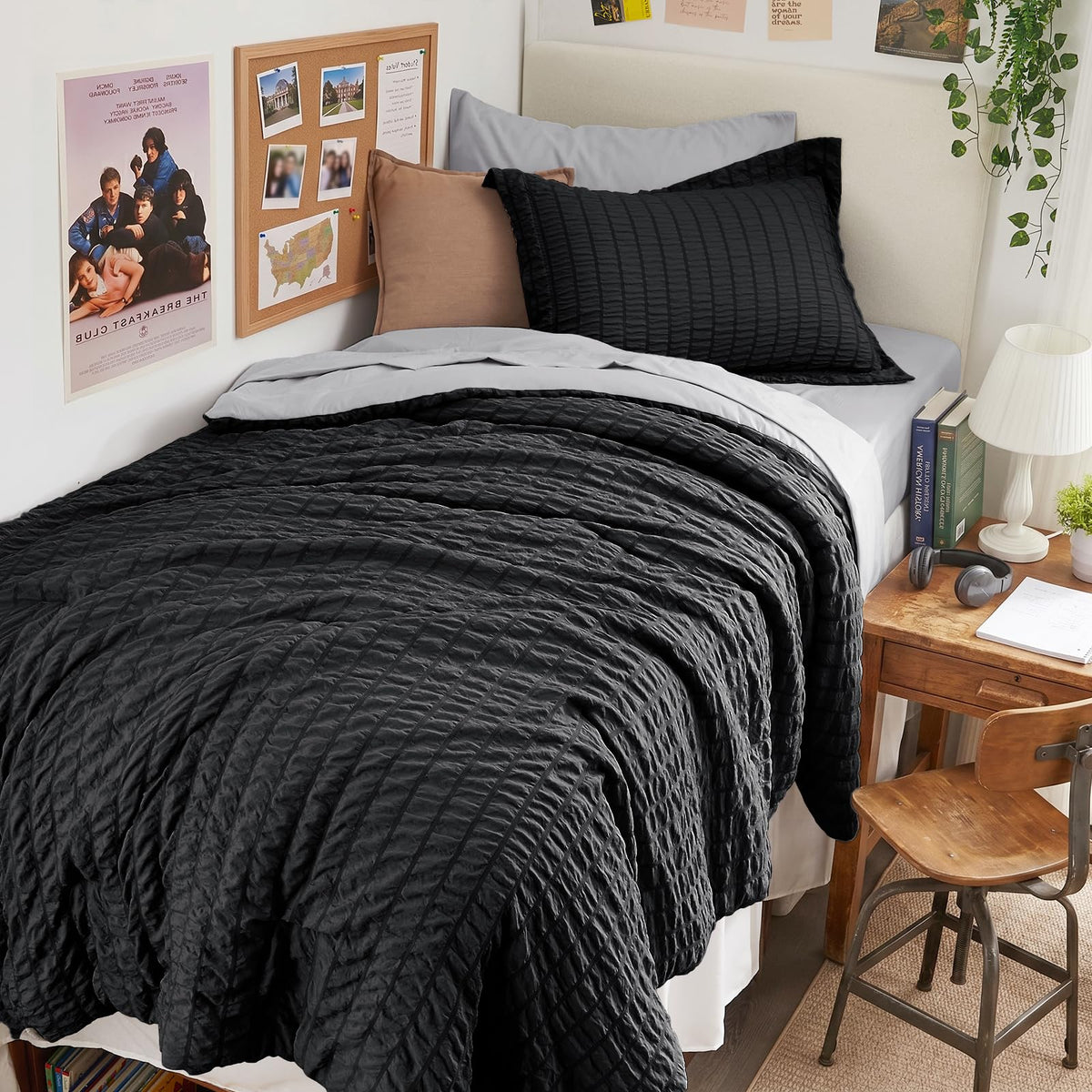 HYMOKEGE Queen Comforter Set Seersucker 7 Pieces, All Season Luxury Bed in a Bag for Bedroom, Bedding Set with Comforters, Sheets, Pillowcases & Shams, Dark Grey