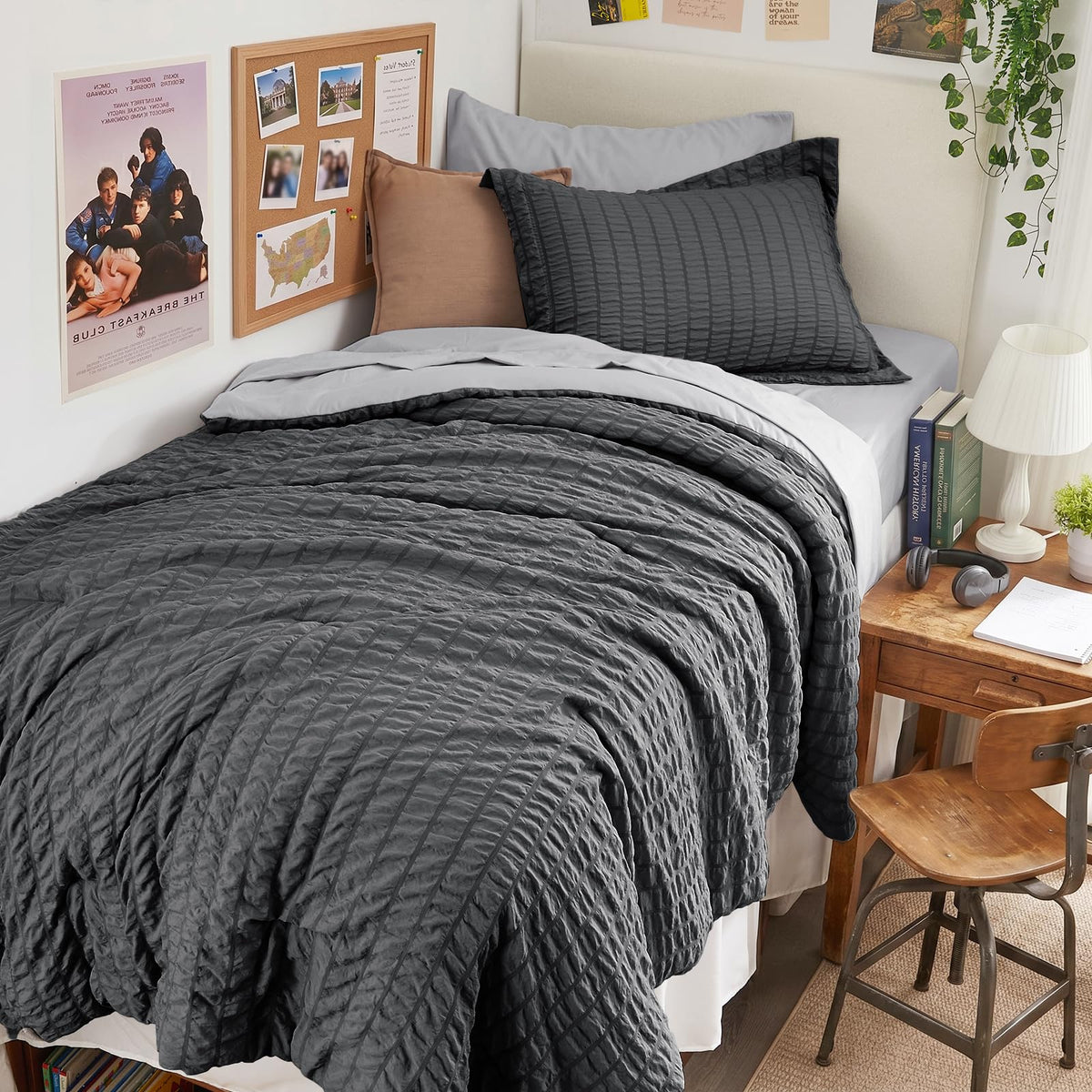 HYMOKEGE Queen Comforter Set Seersucker 7 Pieces, All Season Luxury Bed in a Bag for Bedroom, Bedding Set with Comforters, Sheets, Pillowcases & Shams, Dark Grey
