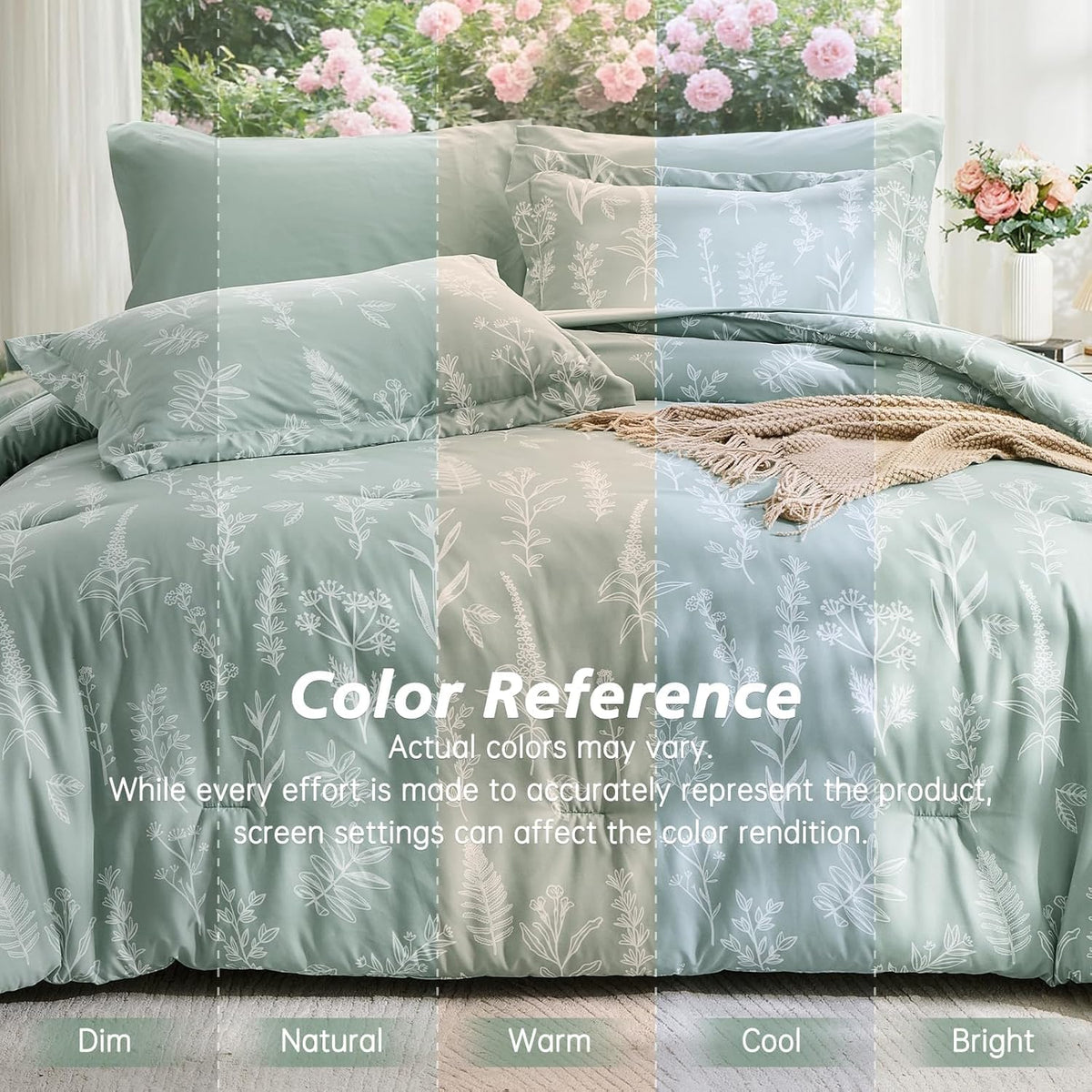 MUXHOMO Queen Comforter Set 7 Pieces, Sage Green Bed in a Bag Queen Reversible Botanical Flowers Design, Ultra Soft & Breathable Bedding Sets with Comforter, Sheets, Pillowcases & Shams