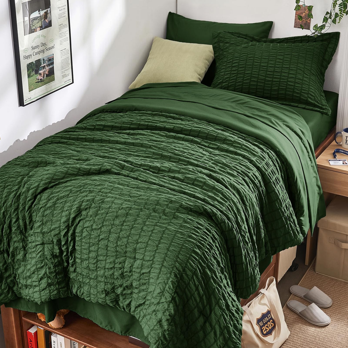 HYMOKEGE Queen Comforter Set Seersucker 7 Pieces, All Season Luxury Bed in a Bag for Bedroom, Bedding Set with Comforters, Sheets, Pillowcases & Shams, Dark Grey