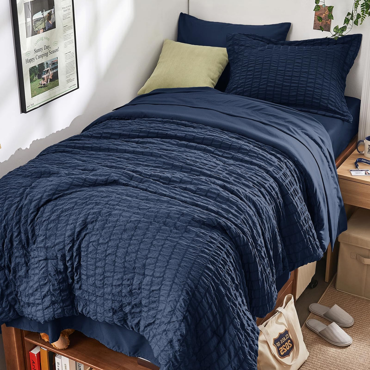 HYMOKEGE Queen Comforter Set Seersucker 7 Pieces, All Season Luxury Bed in a Bag for Bedroom, Bedding Set with Comforters, Sheets, Pillowcases & Shams, Dark Grey