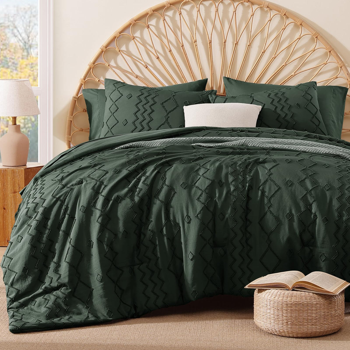 King Size Comforter Set Beige Tufted Boho Bedding Sets Farmhouse 7 Pieces