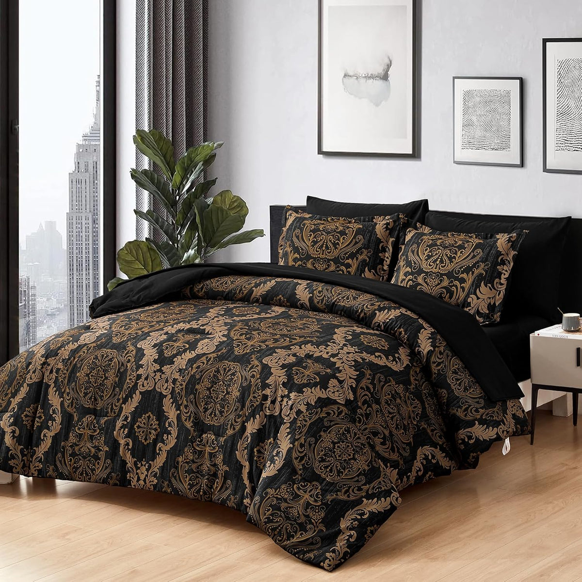 WONGS BEDDING Black Comforter Set King Size, Gold Damask Texture 7 Pieces Bed in a Bag Microfiber Comforter Bedding Sets -1 Comforter, 1 Flat Sheet, 1 Fitted Sheet, 2 Pillow Shams, 2 Pillowcases