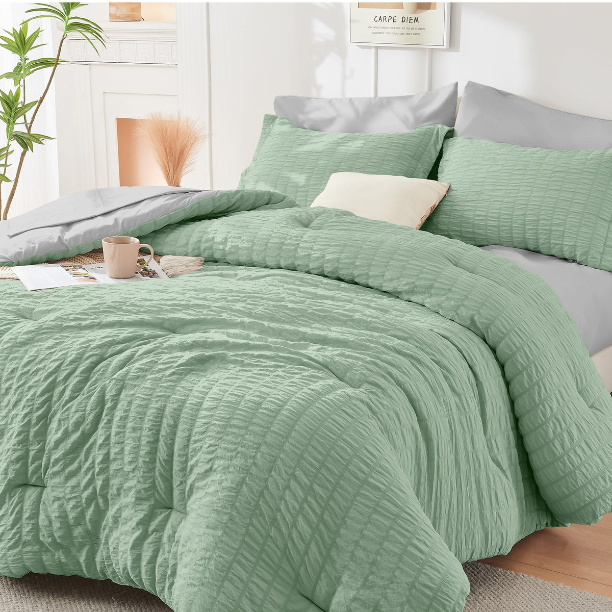 HYMOKEGE Queen Comforter Set Seersucker 7 Pieces, All Season Luxury Bed in a Bag for Bedroom, Bedding Set with Comforters, Sheets, Pillowcases & Shams, Dark Grey