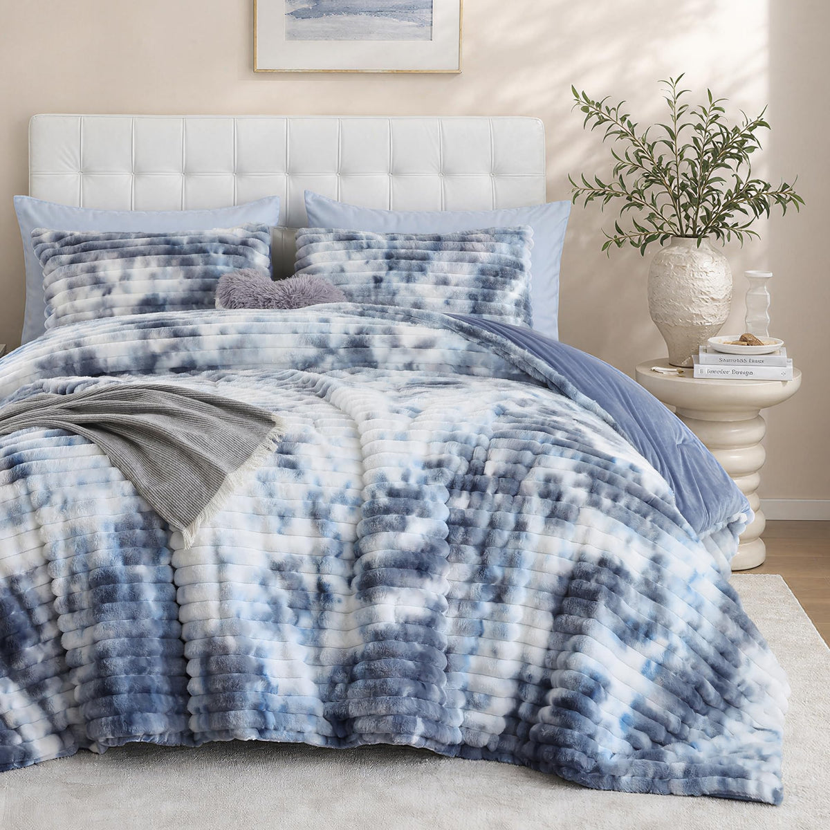 Smoofy Fluffy Queen Size Comforter 3 PCS - Tie Dye Grey Fleece Bedding Set
