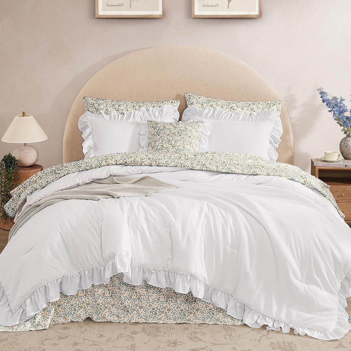 BLOOMHAVEN Queen Comforter Set-7 Pieces Ruffle Bedding with Floral Sheet
