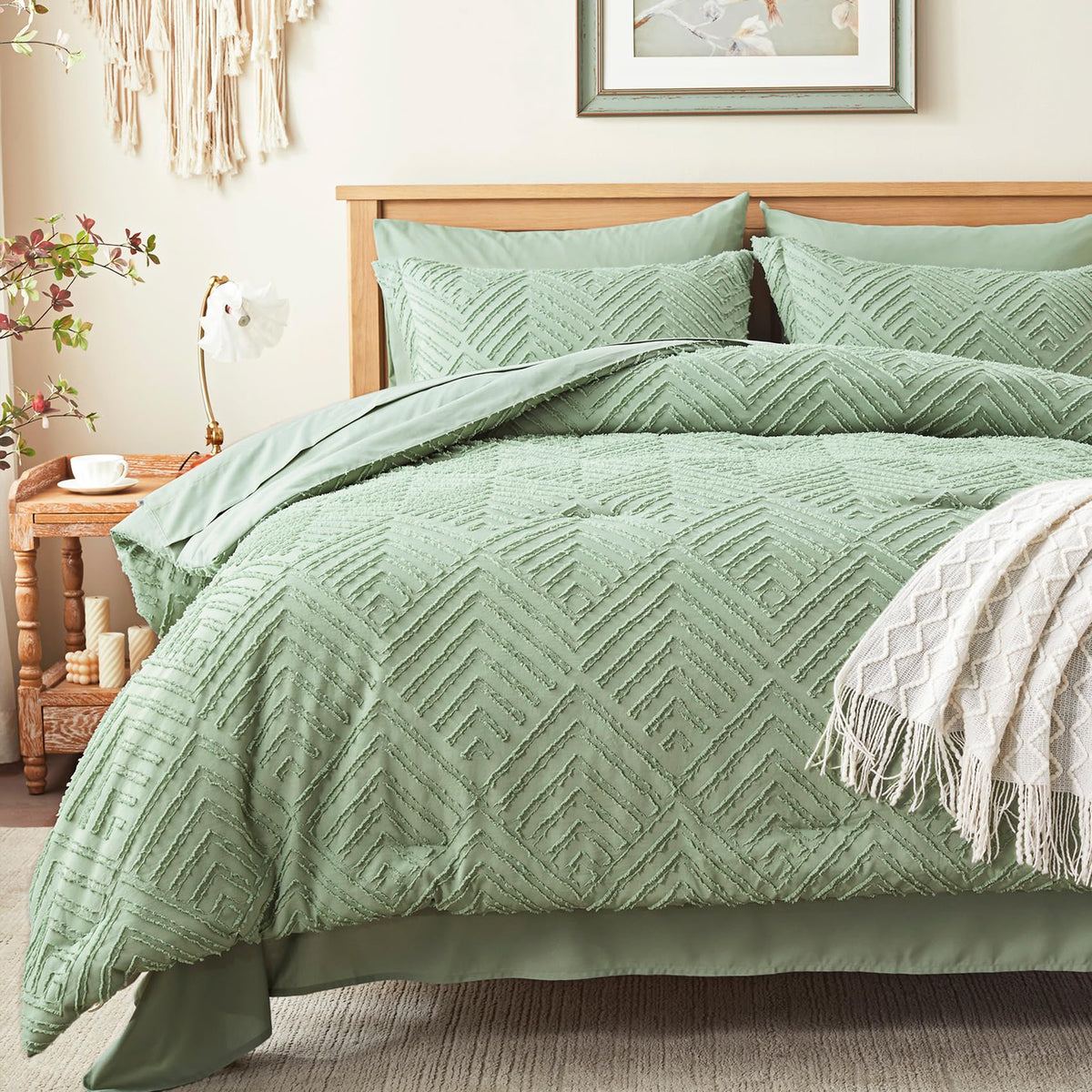 Zzlpp Queen Comforter Set 7 Piece, Beige Bed in a Bag Queen Bedding Sets