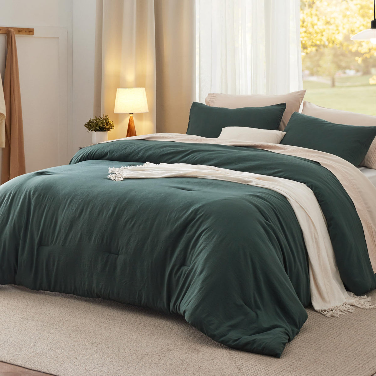 Bedsure Queen Comforter Set Prewashed Soft Bedding Set 3Pcs Beige 90"x90"