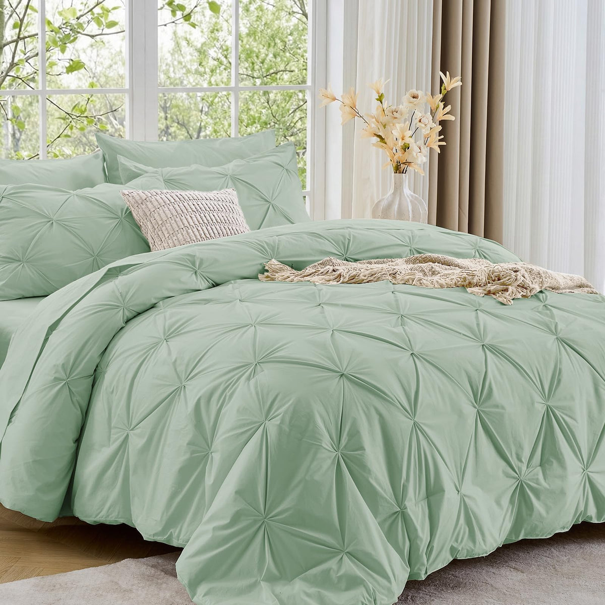 Sasttie Queen Comforter Set, 7-Piece Bed in a Bag, Pintuck Bedding Sets for All Season, Includes Comforter, Flat Sheet, Fitted Sheet, Pillowcases and Pillowshams, Beige