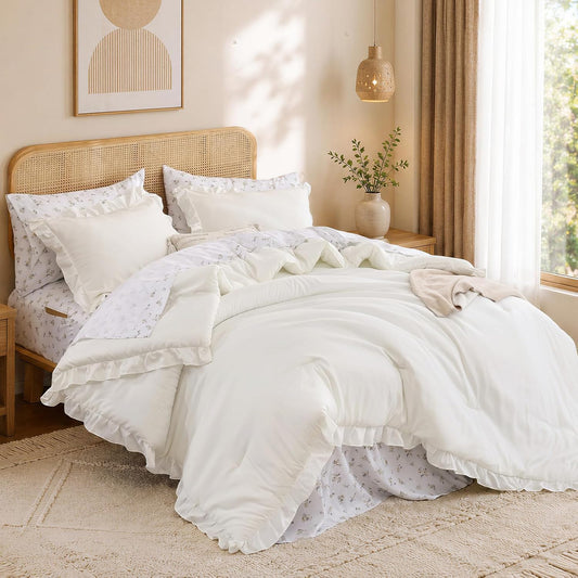 JANZAA Ruffle Queen Comforter Set with Floral Sheets 7 Pieces Cream White
