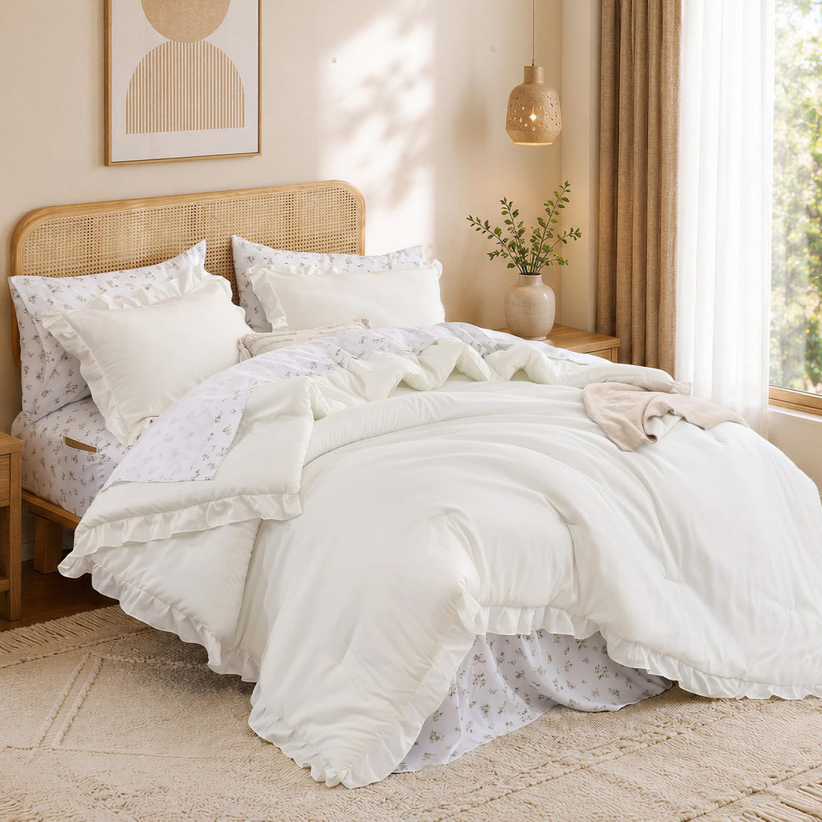 JANZAA Ruffle Queen Comforter Set with Floral Sheets 7 Pieces Cream White
