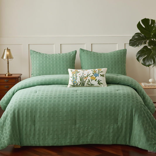 Simple&Opulence 100% Cotton Waffle Weaving Comforter Set-3 Pieces Bedding Set(1 Comforter and 2 Pillowcases), Lightweight Soft Breathable Comforter Bed Sets for All Season(Forest Green, Queen)