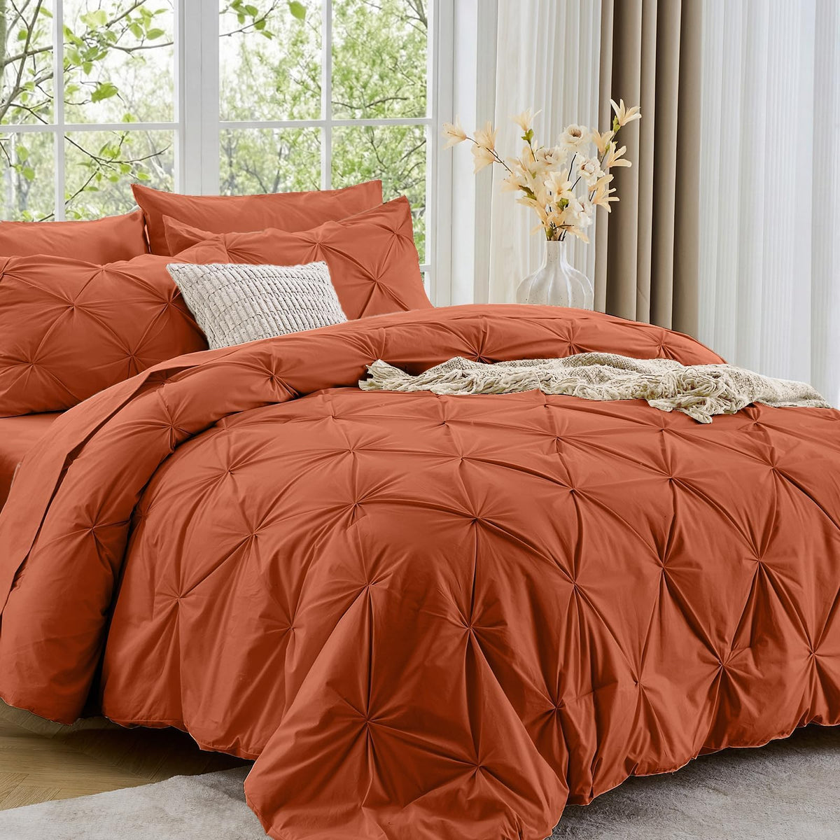 Sasttie Queen Comforter Set, 7-Piece Bed in a Bag, Pintuck Bedding Sets for All Season, Includes Comforter, Flat Sheet, Fitted Sheet, Pillowcases and Pillowshams, Beige