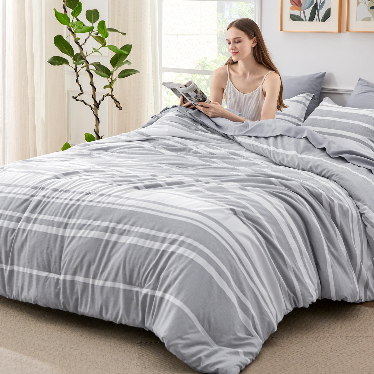 Bedsure Queen Comforter Set, Blue Striped Bedding Set, 7 Piece