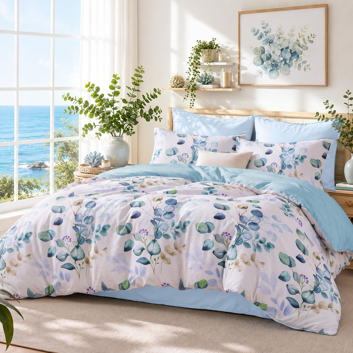 MUXHOMO Queen Comforter Set 7 Pieces, Sage Green Bed in a Bag Queen Reversible Botanical Flowers Design, Ultra Soft & Breathable Bedding Sets with Comforter, Sheets, Pillowcases & Shams