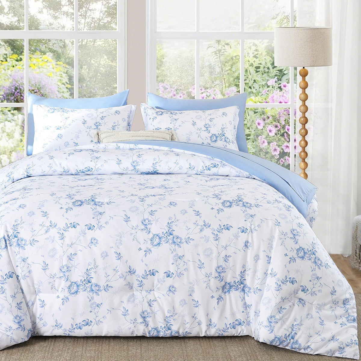 Luxudecor Sage Green Floral Queen Comforter Set, 7 Pieces Bed in a Bag