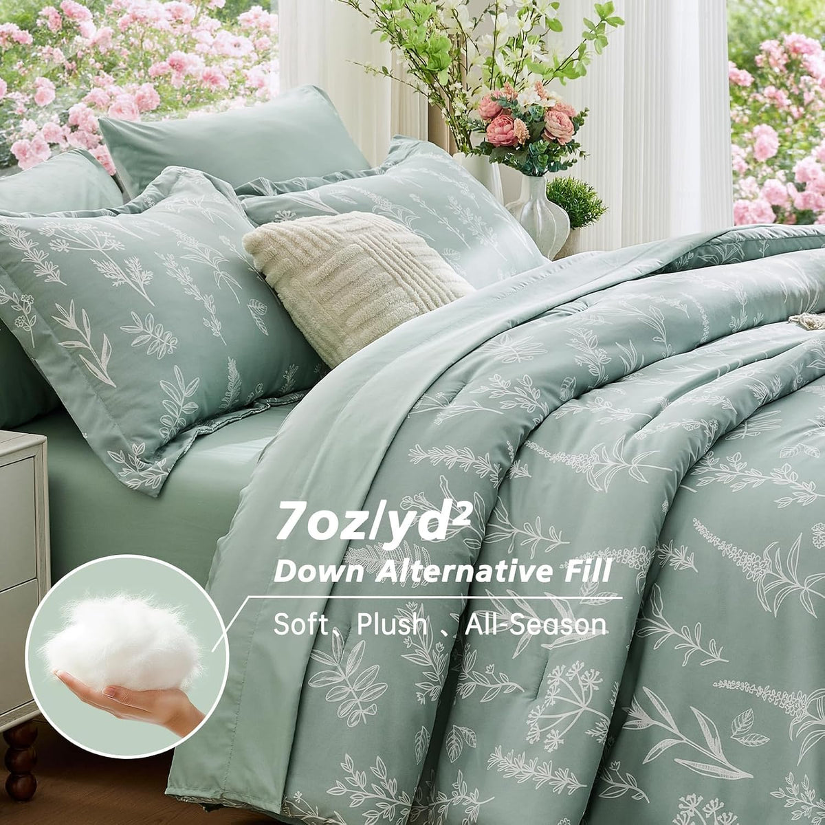 MUXHOMO Queen Comforter Set 7 Pieces, Sage Green Bed in a Bag Queen Reversible Botanical Flowers Design, Ultra Soft & Breathable Bedding Sets with Comforter, Sheets, Pillowcases & Shams