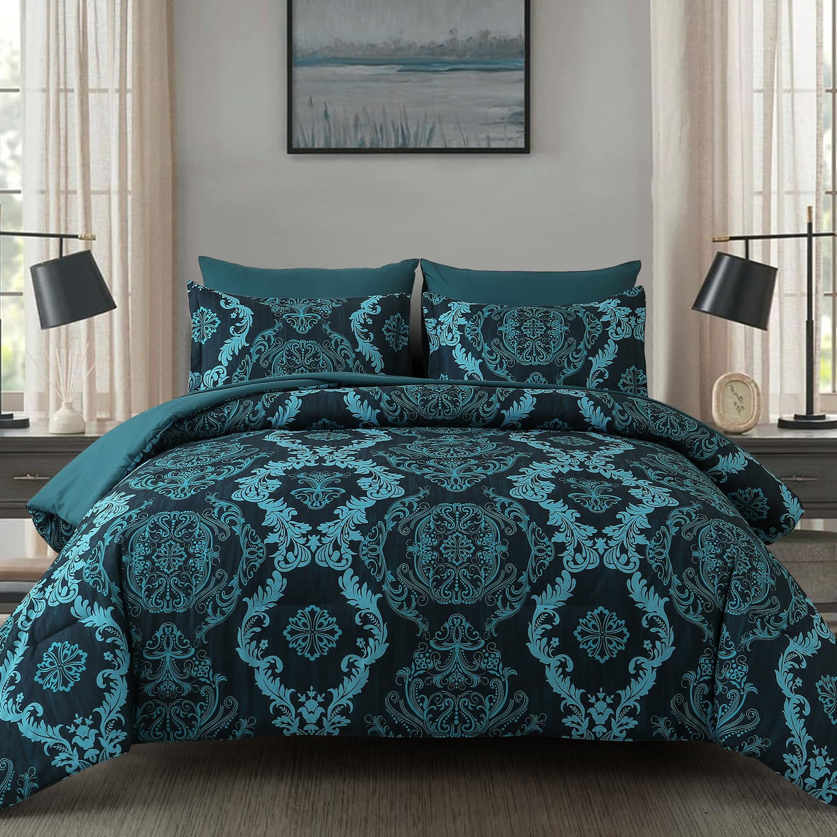 WONGS BEDDING Black Comforter Set King Size, Gold Damask Texture 7 Pieces Bed in a Bag Microfiber Comforter Bedding Sets -1 Comforter, 1 Flat Sheet, 1 Fitted Sheet, 2 Pillow Shams, 2 Pillowcases