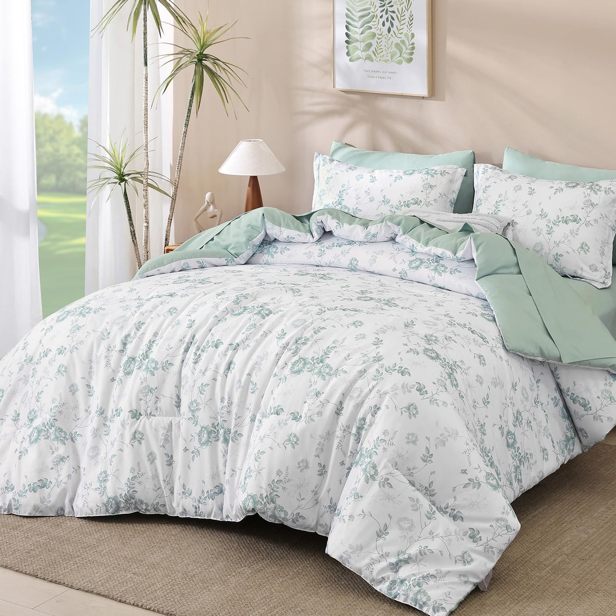 Luxudecor Sage Green Floral Queen Comforter Set, 7 Pieces Bed in a Bag