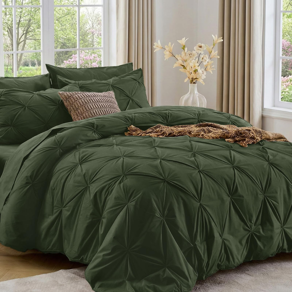 Sasttie Queen Comforter Set, 7-Piece Bed in a Bag, Pintuck Bedding Sets for All Season, Includes Comforter, Flat Sheet, Fitted Sheet, Pillowcases and Pillowshams, Beige