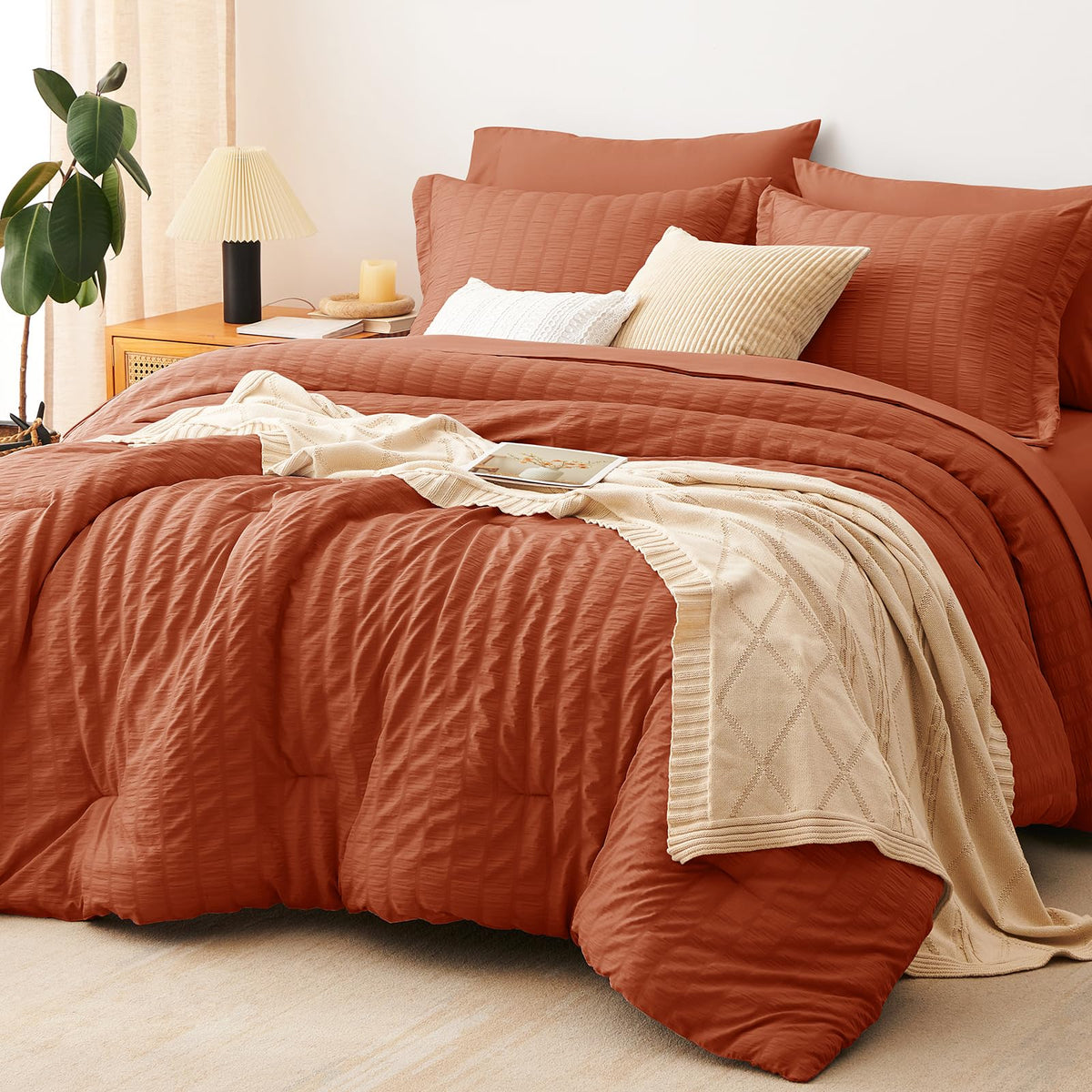 CozyLux Queen Comforter Set, 7 Pieces White Seersucker Bed in a Bag