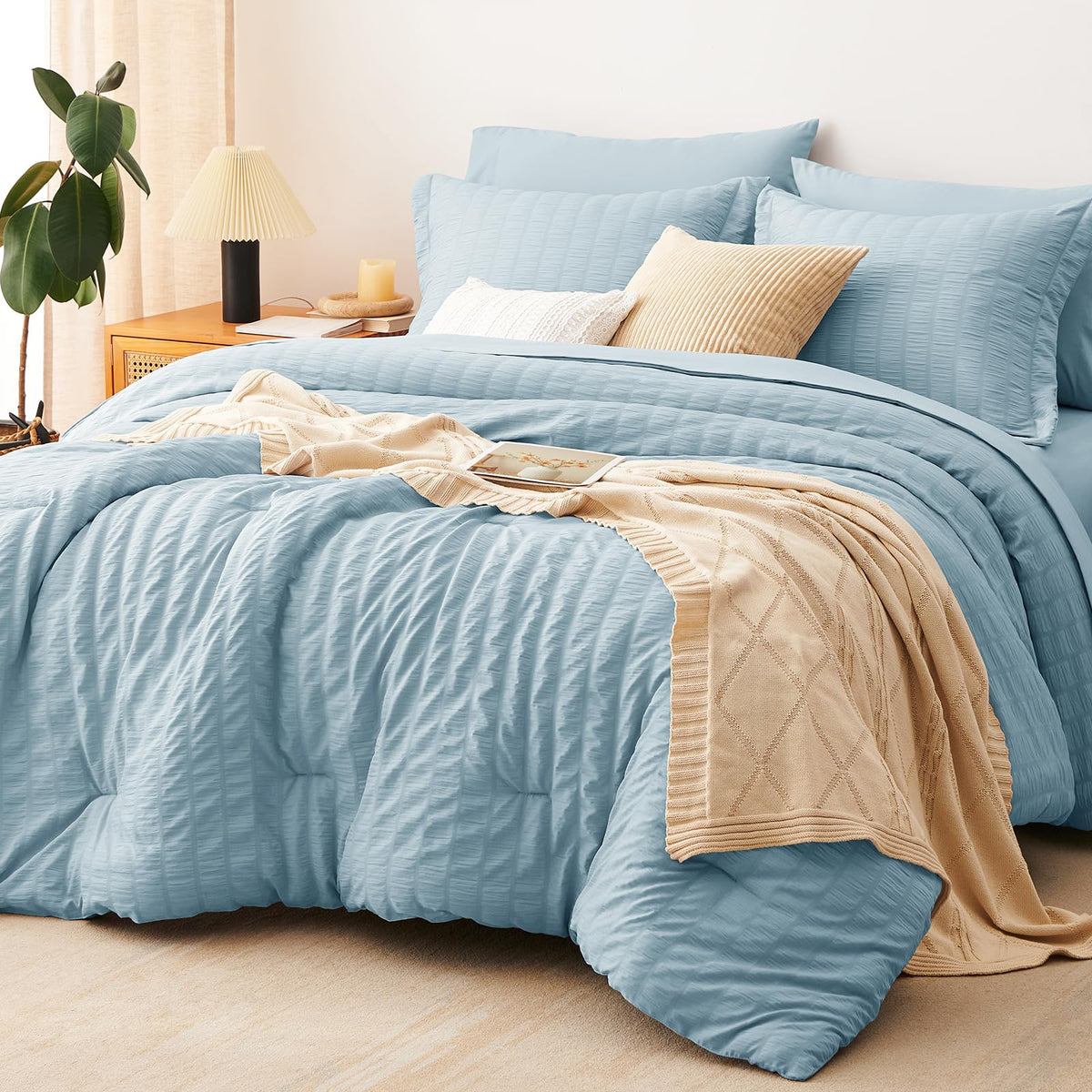 CozyLux Queen Comforter Set, 7 Pieces White Seersucker Bed in a Bag