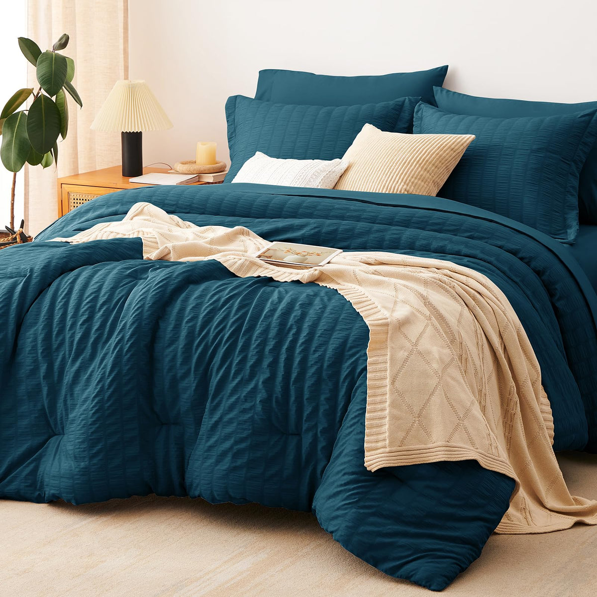 CozyLux Queen Comforter Set, 7 Pieces White Seersucker Bed in a Bag