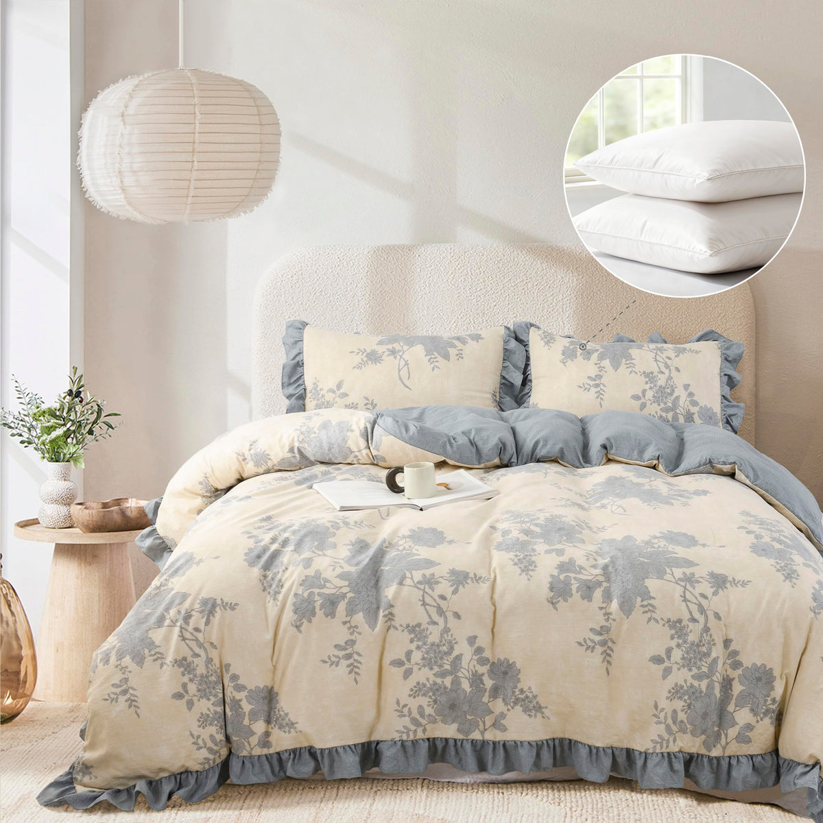 Oli Anderson King Comforter Set, Ruffle Floral Bedding Set, 3 Pieces, Blue