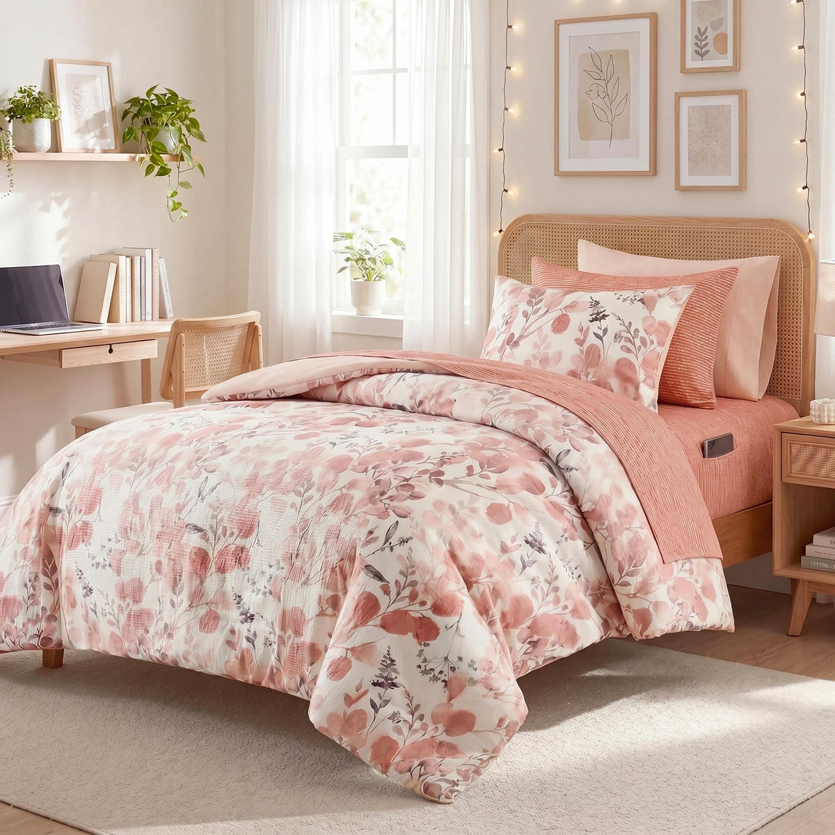 Lightweight Seersucker Botanical Comforter Set Queen Size, 9 Pieces Reversible Design Bed in A Bag Set, Premium Microfiber Bedding Set, Brown