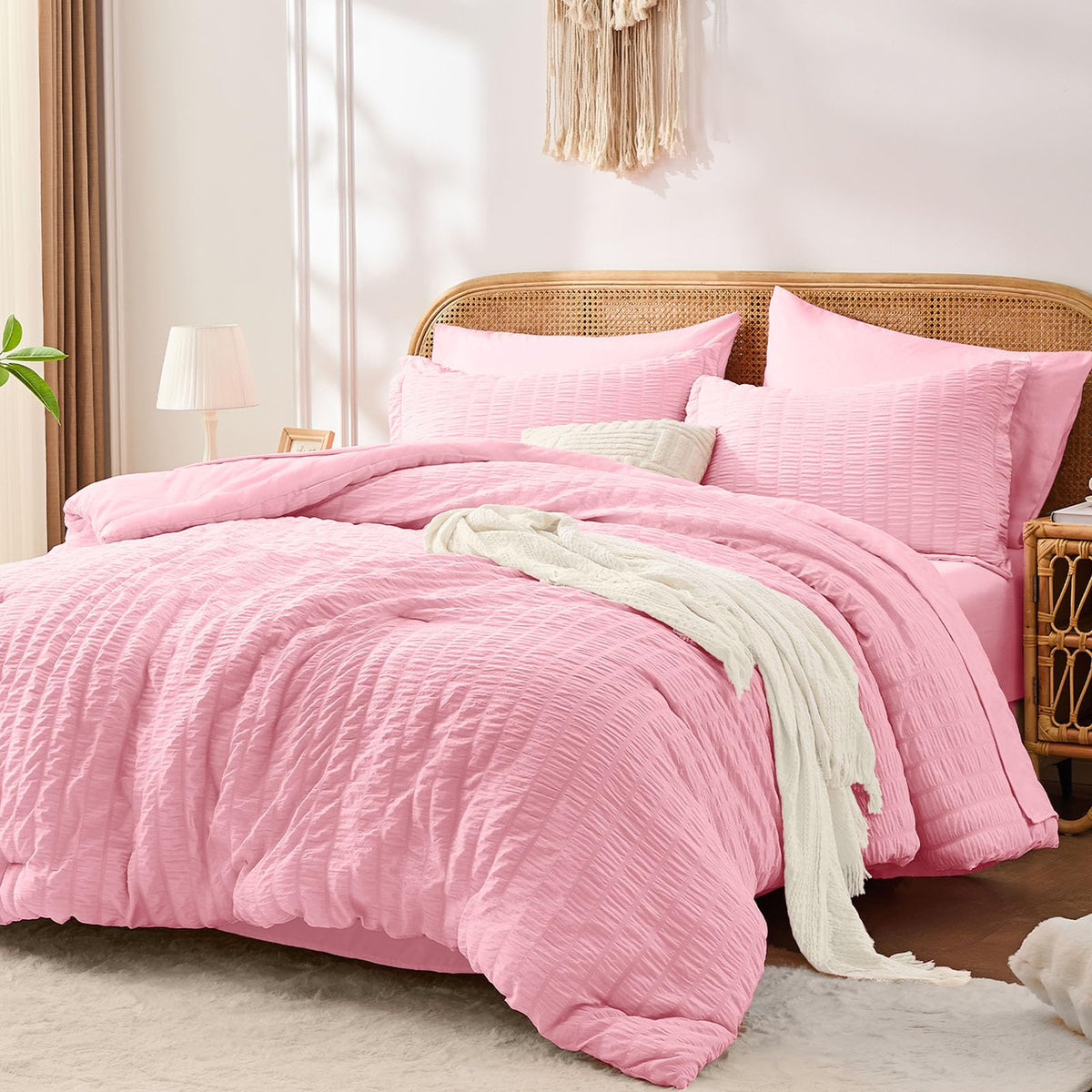 FUANNA Queen Comforter Set 7 Pieces, Pink Bed Set, Seersucker Bed in a Bag