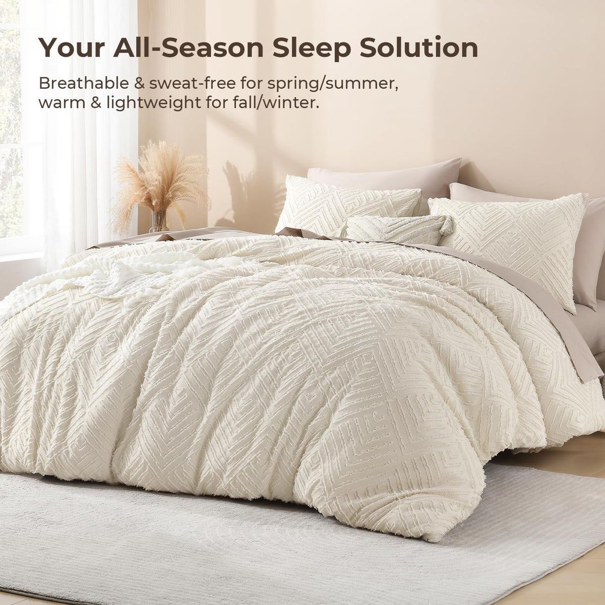 Litanika California King Comforter Set, 3 Pcs Beige Tufted Boho Bedding Set