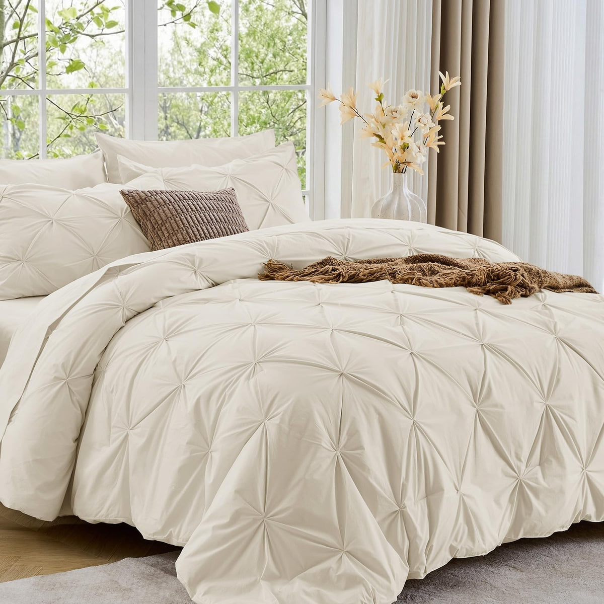 Sasttie Queen Comforter Set, 7-Piece Bed in a Bag, Pintuck Bedding Sets for All Season, Includes Comforter, Flat Sheet, Fitted Sheet, Pillowcases and Pillowshams, Beige