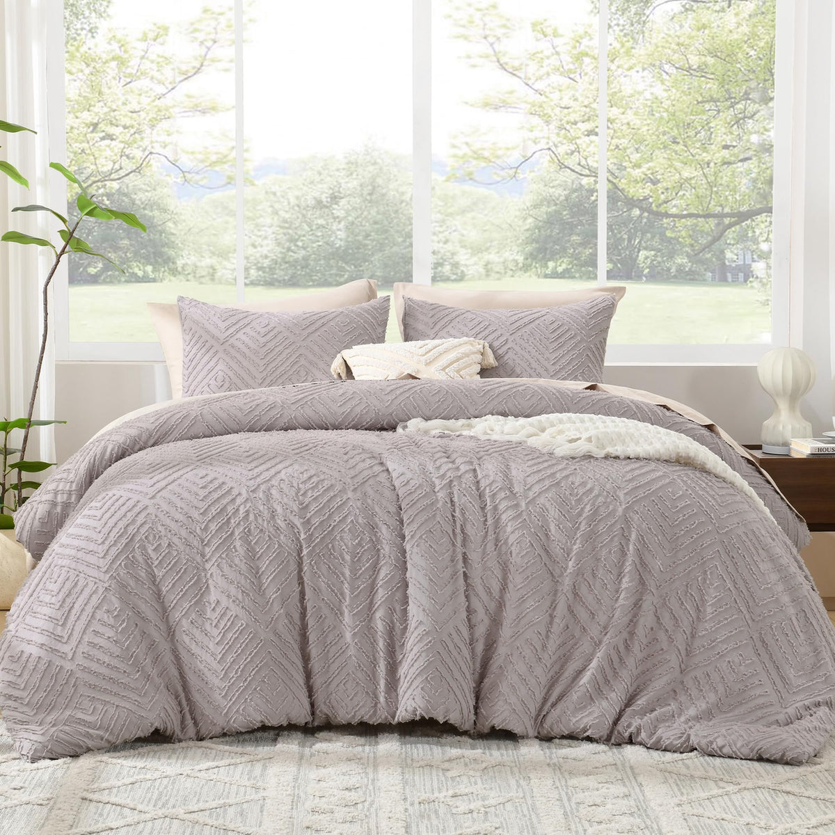 Litanika California King Comforter Set, 3 Pcs Beige Tufted Boho Bedding Set