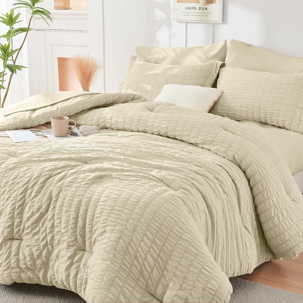 HYMOKEGE Queen Comforter Set Seersucker 7 Pieces, All Season Luxury Bed in a Bag for Bedroom, Bedding Set with Comforters, Sheets, Pillowcases & Shams, Dark Grey