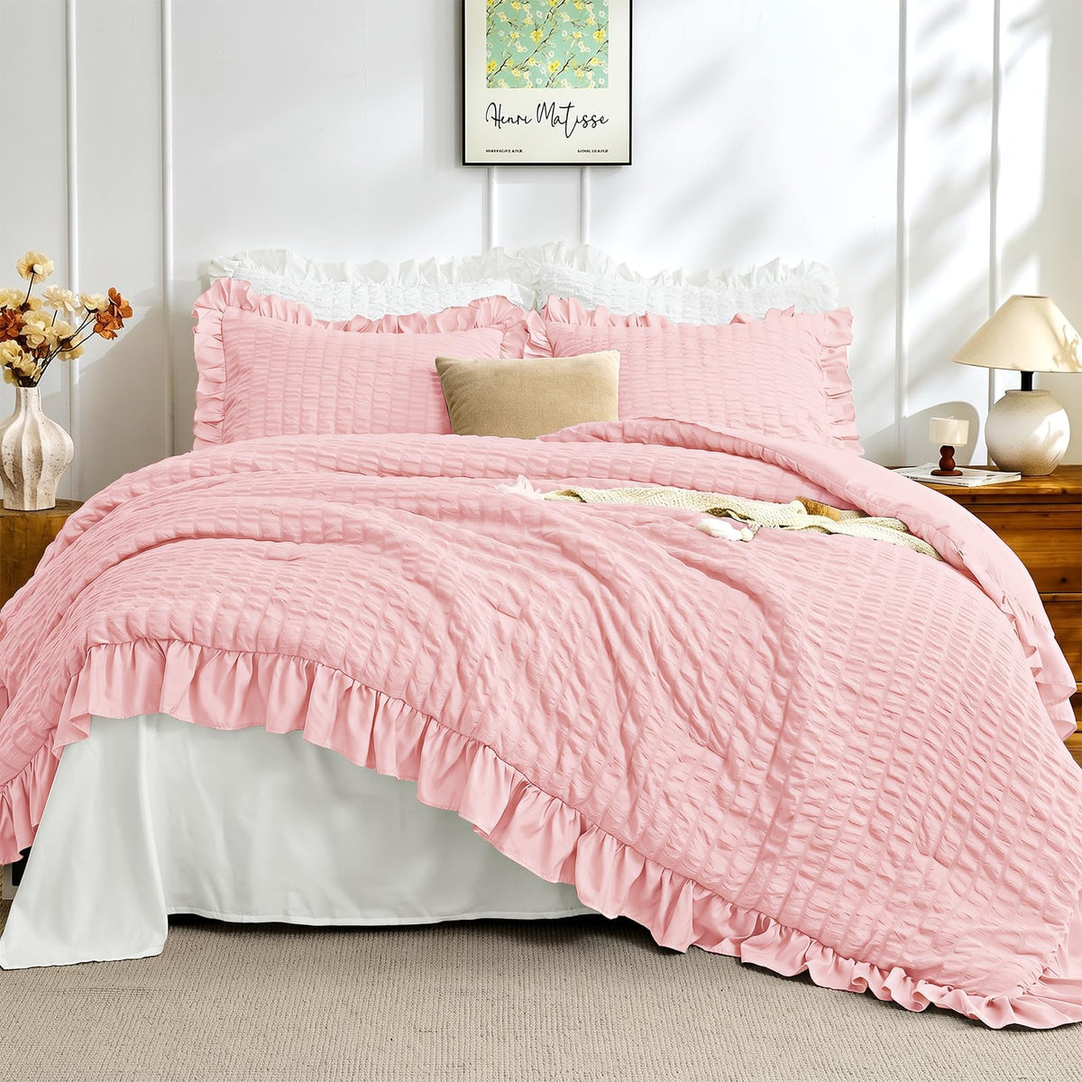 JOLLYVOGUE White Comforters Queen Size, 3 Pieces Ruffle Seersucker Queen Comforter Set for All Season, Lightweight Soft Shabby Chic Bedding Sets for Women（1 Comforter, 2 Pillowshams）
