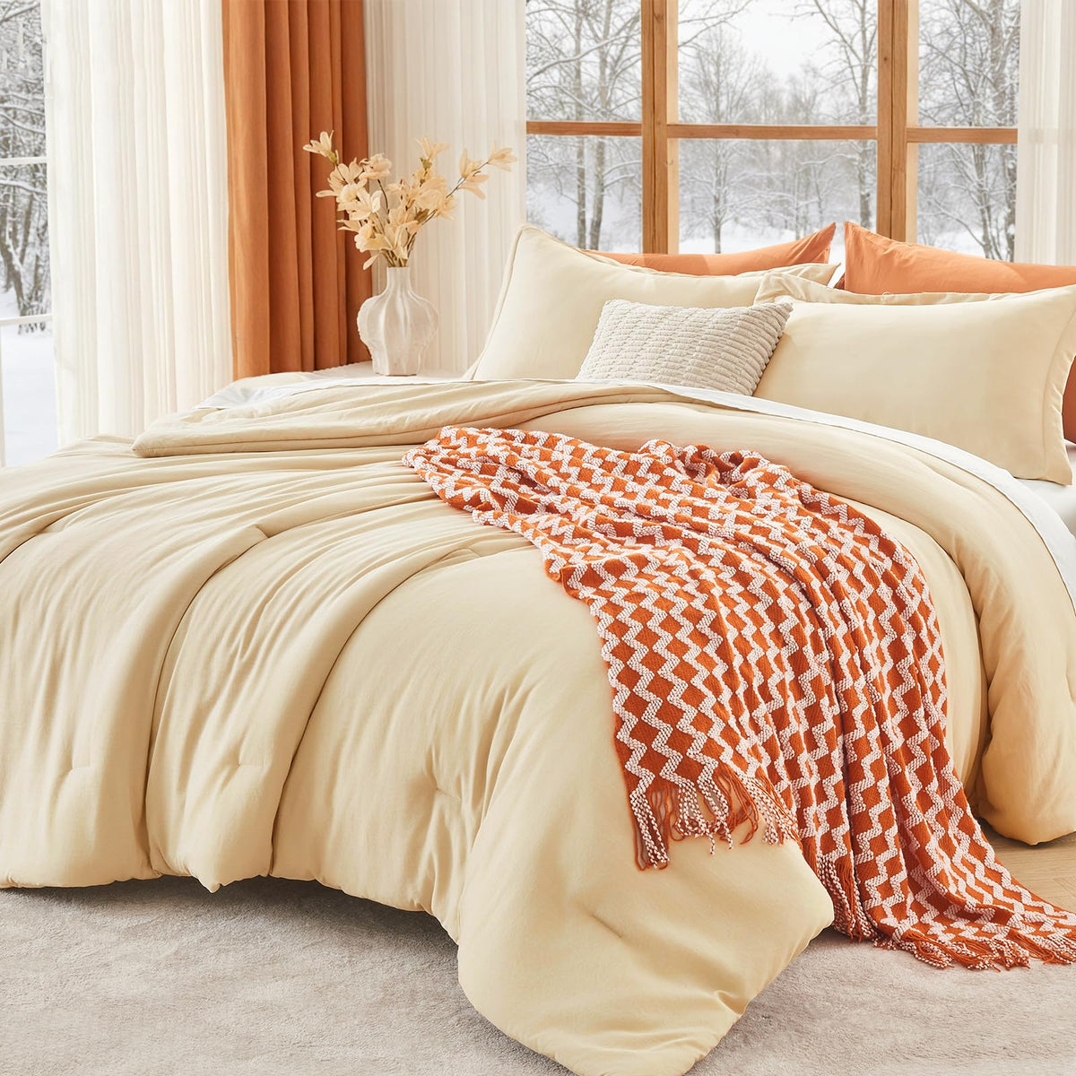 MUXHOMO Queen Size Comforter Set Beige, 3 Piece Solid Bedding for All Seasons, Warm Down Alternative Bed Set Includes 1 Lightweight Comforter (90"x90") and 2 Pillowshams (20"x26")