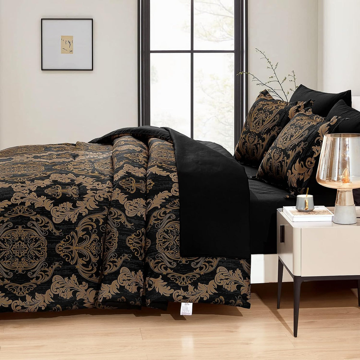 WONGS BEDDING Black Comforter Set King Size, Gold Damask Texture 7 Pieces Bed in a Bag Microfiber Comforter Bedding Sets -1 Comforter, 1 Flat Sheet, 1 Fitted Sheet, 2 Pillow Shams, 2 Pillowcases