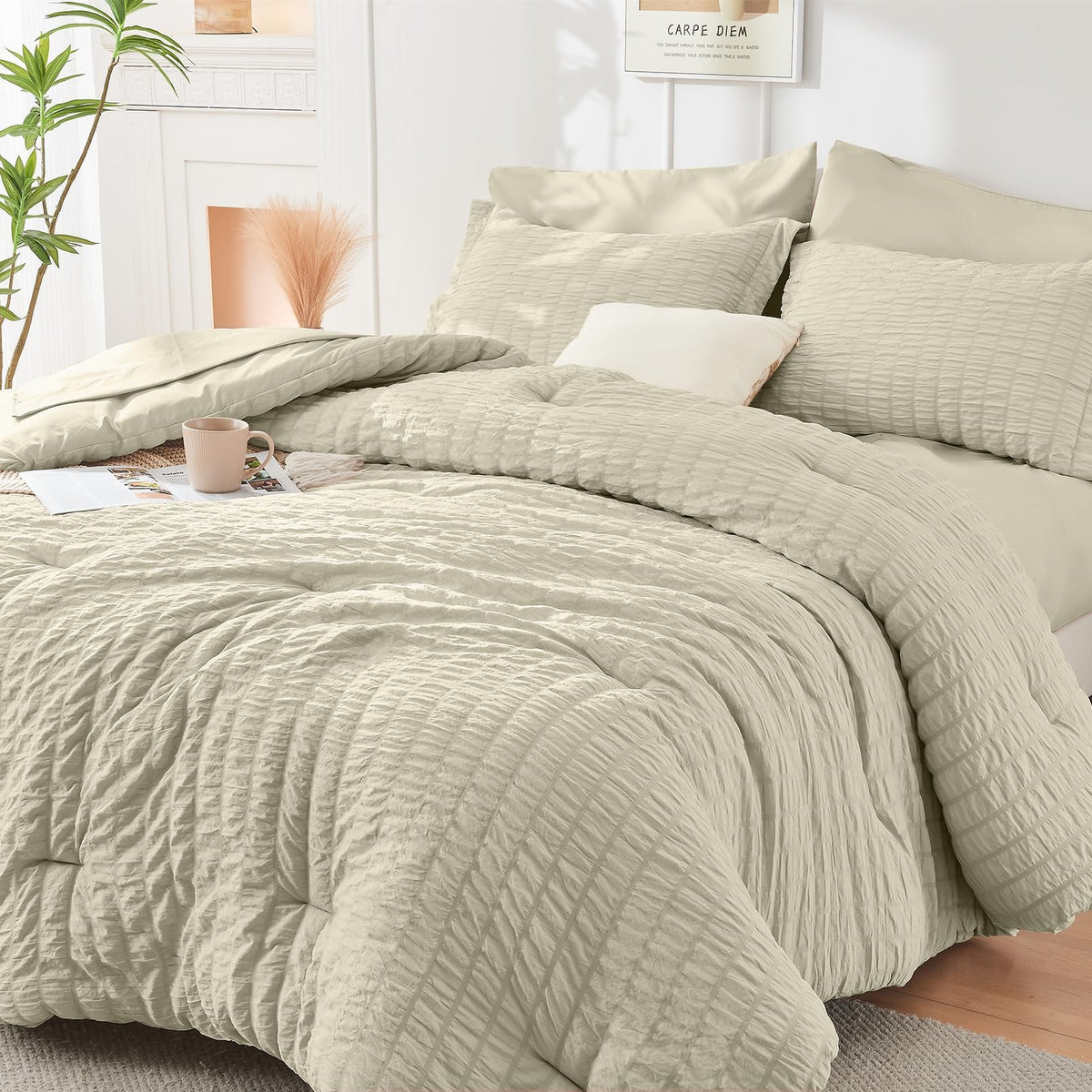 HYMOKEGE Queen Comforter Set Seersucker 7 Pieces, All Season Luxury Bed in a Bag for Bedroom, Bedding Set with Comforters, Sheets, Pillowcases & Shams, Dark Grey