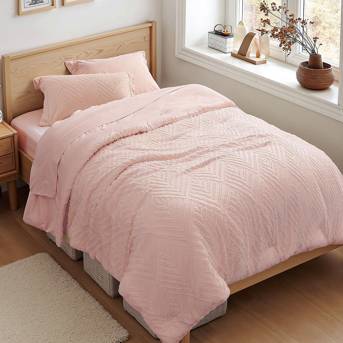 Zzlpp Queen Comforter Set 7 Piece, Beige Bed in a Bag Queen Bedding Sets