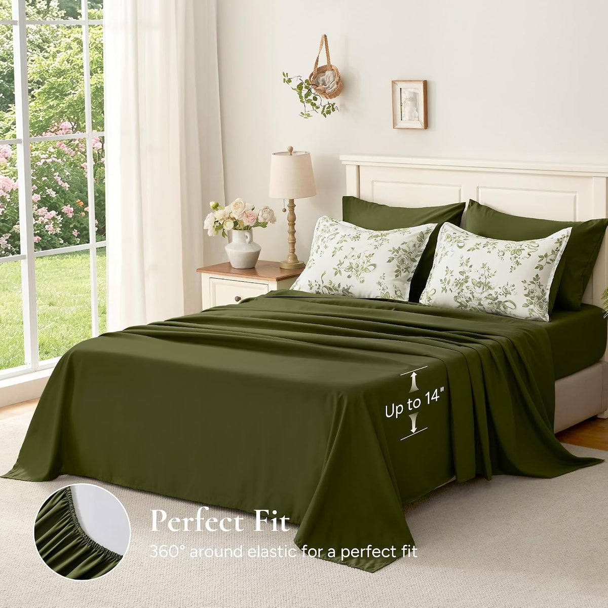 Andency Floral Comforter Queen Set, 7 Pieces Green Rose Flower Bedding Set
