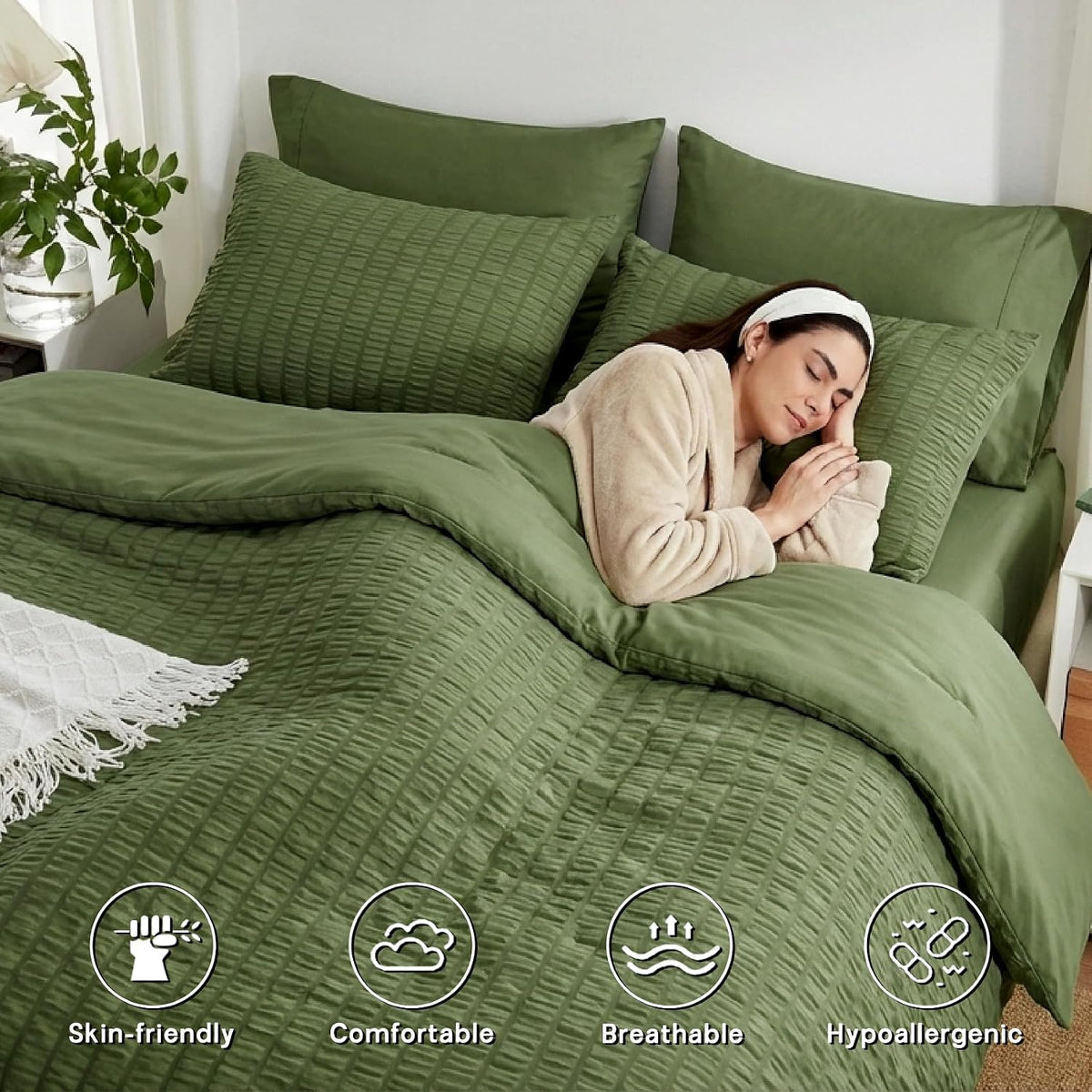 Twin Comforter Set 5 Piece, Olive Green Bed in a Bag Twin Size Bedding Sets