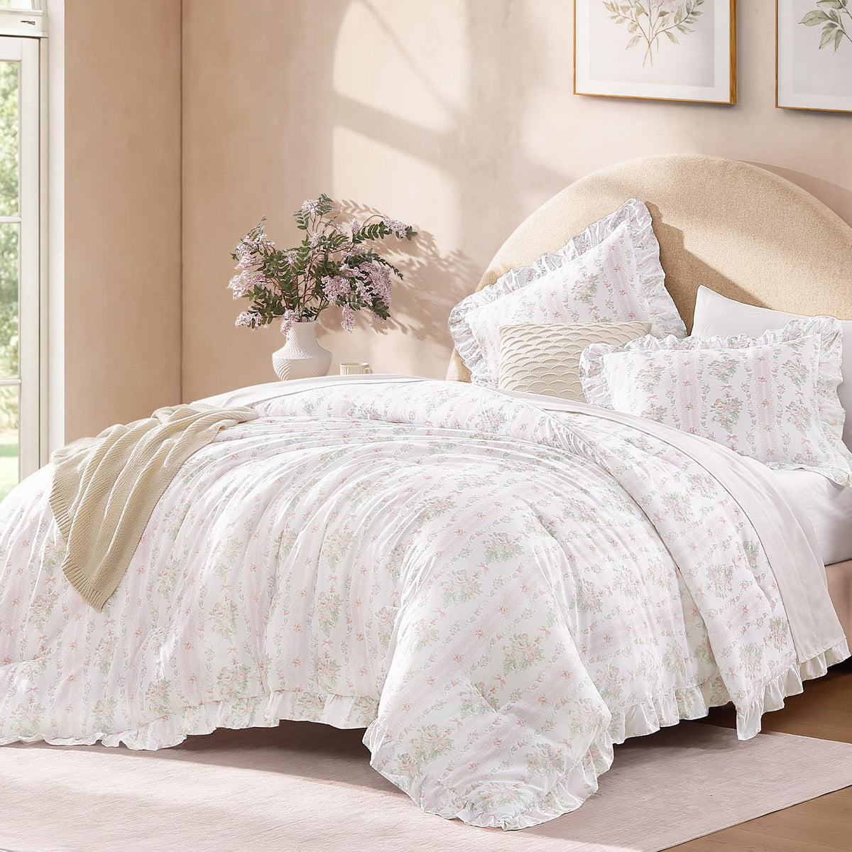 Andency White Comforter Set Queen Size, 3 Pieces Ruffle Farmhouse Bed Set