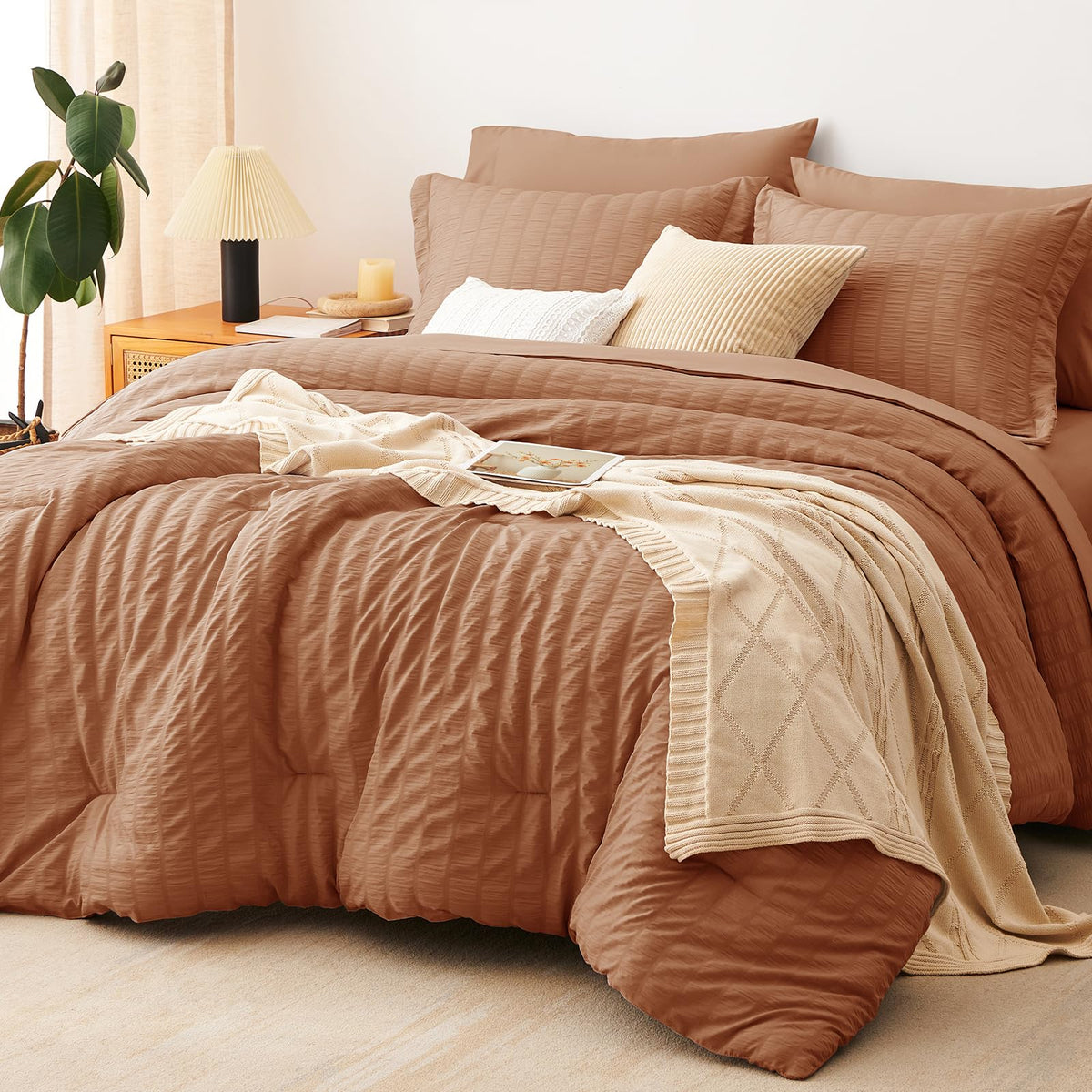 CozyLux Queen Comforter Set, 7 Pieces White Seersucker Bed in a Bag