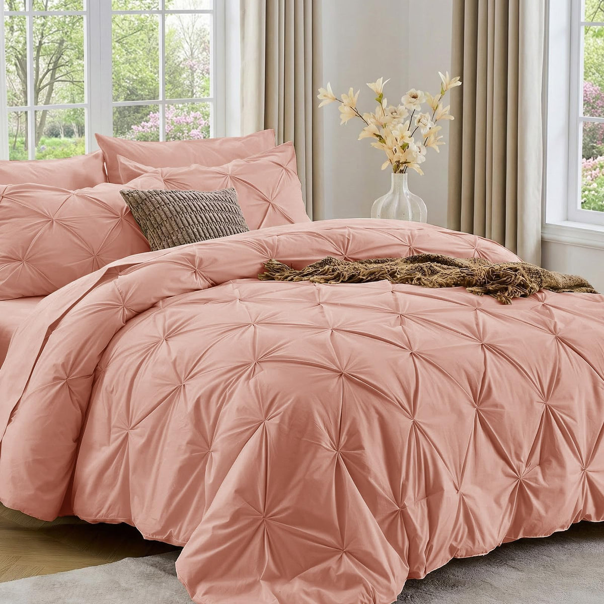 Sasttie Queen Comforter Set, 7-Piece Bed in a Bag, Pintuck Bedding Sets for All Season, Includes Comforter, Flat Sheet, Fitted Sheet, Pillowcases and Pillowshams, Beige