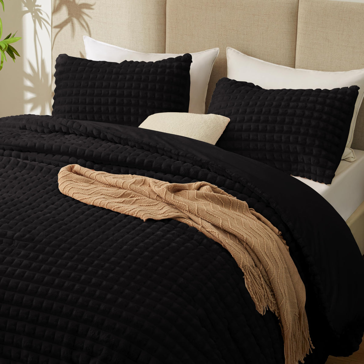 EXQ Home Fluffy Comforter Set Queen Size,3 Pieces Bed Set,Black