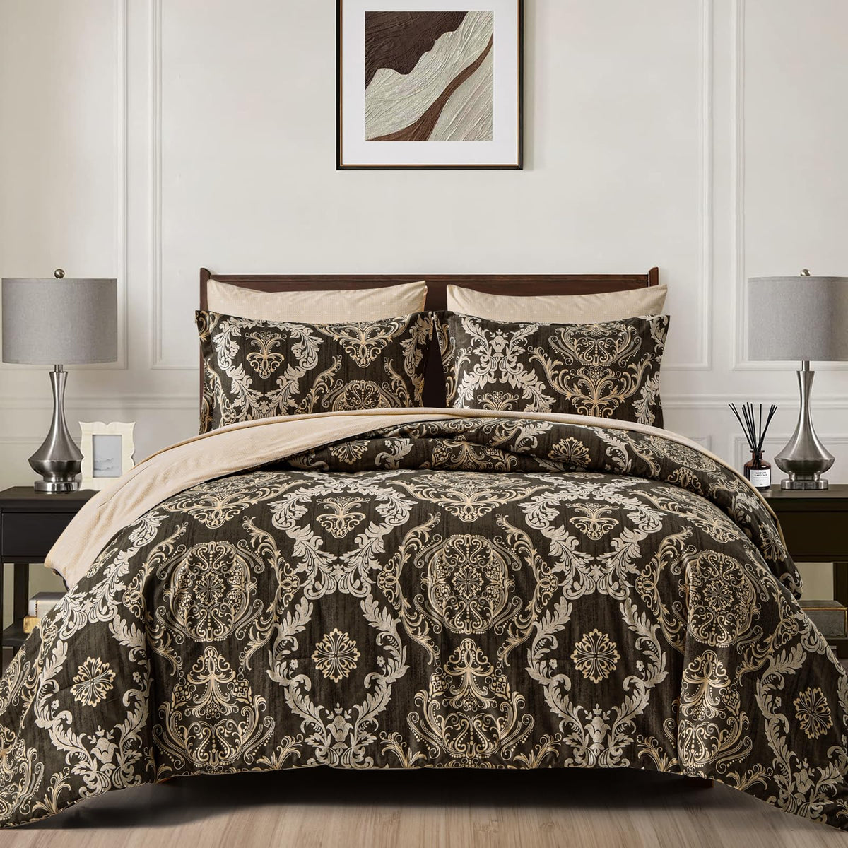 WONGS BEDDING Black Comforter Set King Size, Gold Damask Texture 7 Pieces Bed in a Bag Microfiber Comforter Bedding Sets -1 Comforter, 1 Flat Sheet, 1 Fitted Sheet, 2 Pillow Shams, 2 Pillowcases