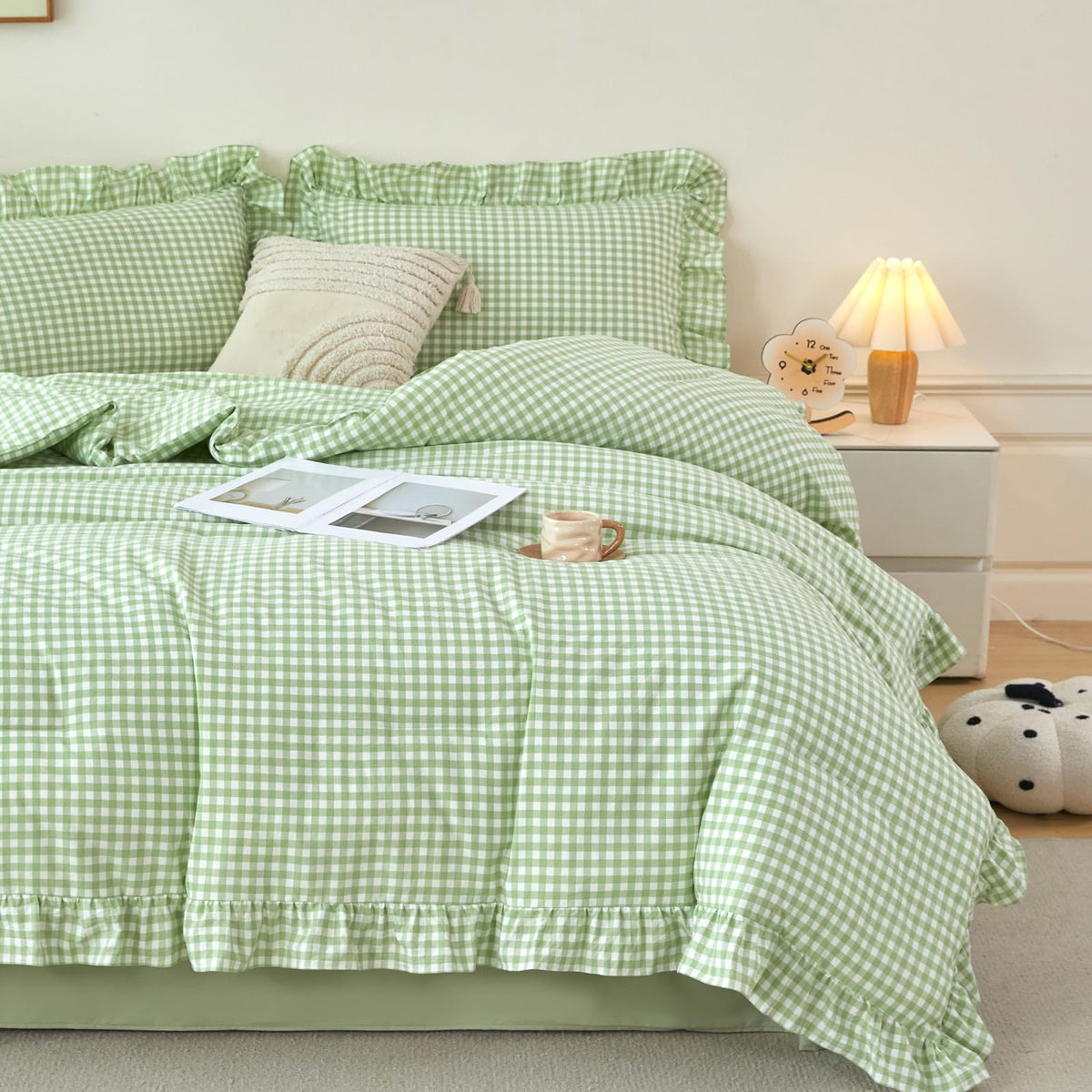 RYNGHIPY Yellow Gingham Comforter Set 5 Pcs Plaid Ruffle Full Bed in a Bag